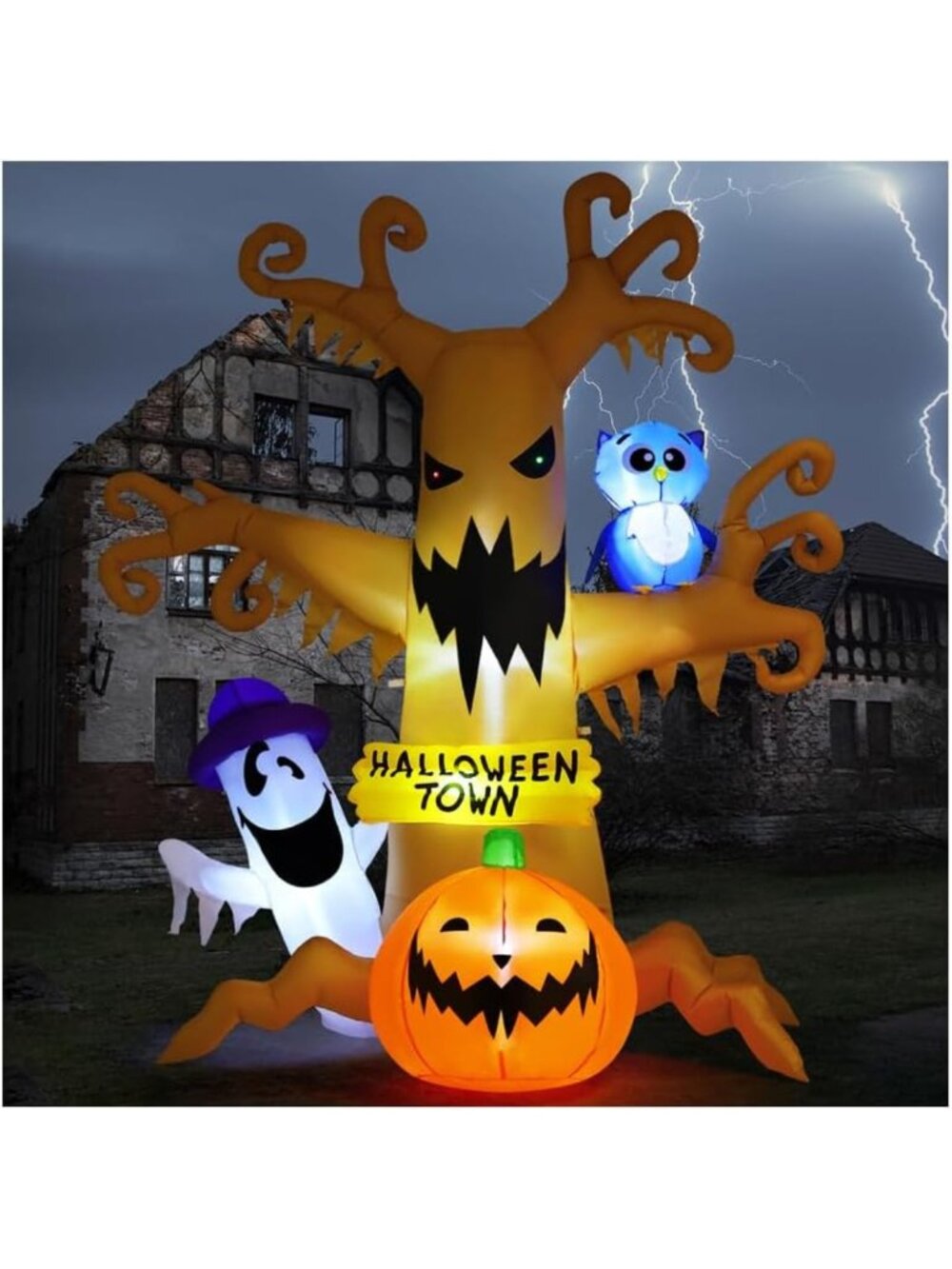 8 FT Halloween Inflatable Dead Tree with Owl, Ghosts & Pumpkins - LED Yard Decor